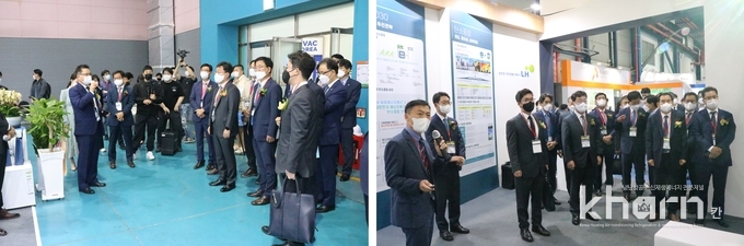 HVAC KOREA 2022에 참석한 내빈들이 데이터센터특별관(좌) 및 LH 특별관을 둘러보고 있다. 