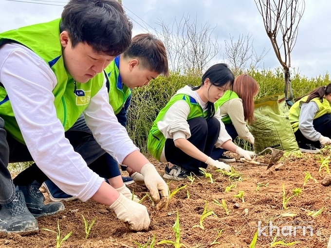 LH의 임직원들이 4월4일 충남 금산에서 진행된 탄소상쇄 숲 조성을 위한 나무심기 행사활동에 참여하고 있다.