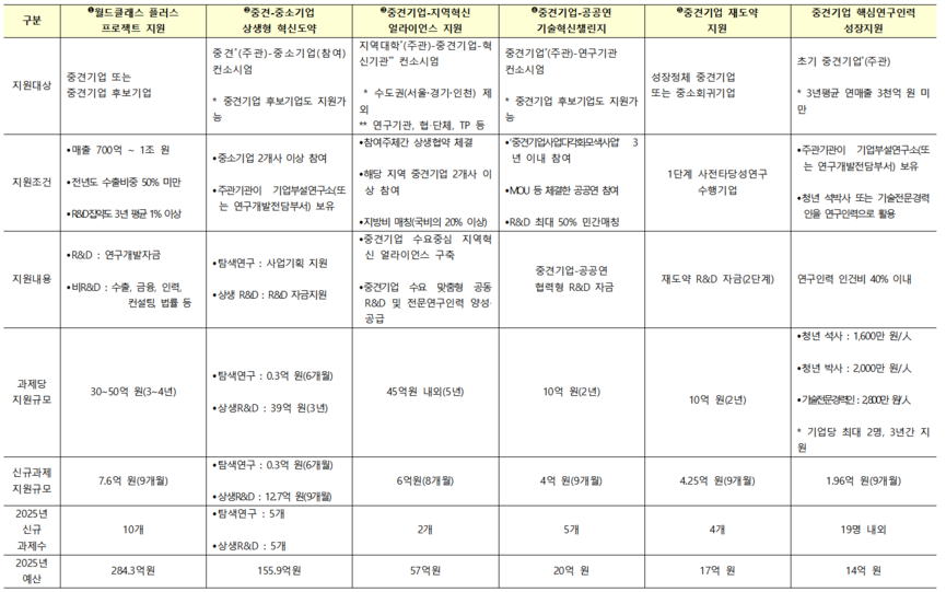 2025년 중견기업 전용 R&D 신규공고사업 세부내역.