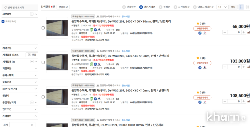 제품 종류, 공급업체 수가 부족한 나라장터 내 목조자재.