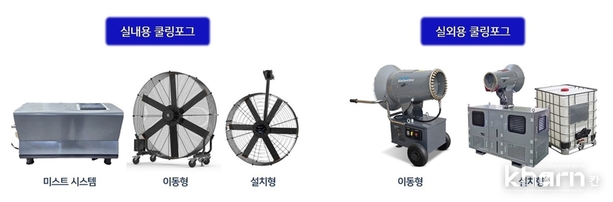 케이웨더의 쿨링포그 제품군 실내용(좌)과 실외용(우).