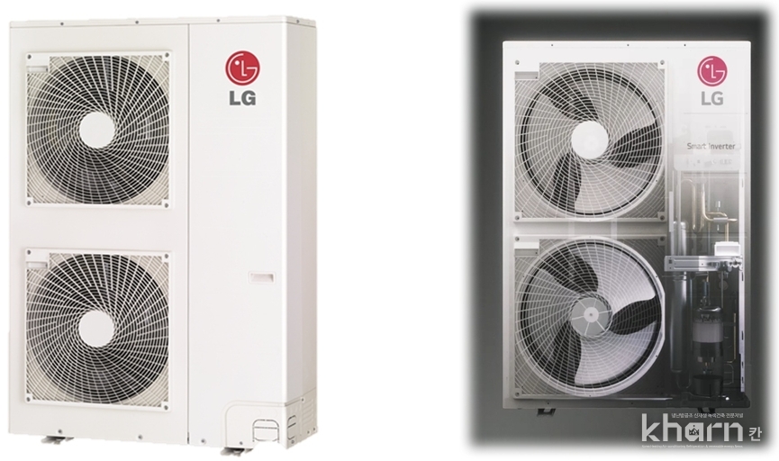 R1 Compressor 탑재된 LG 상업용 싱글CAC 에어컨(좌)과 에어컨 내 컴프레서 설치 씬(우).