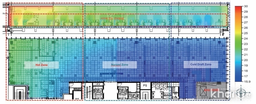 급기 플레넘 및 거주역 온도분포도_등압식(Zero-Pressure Plenum).