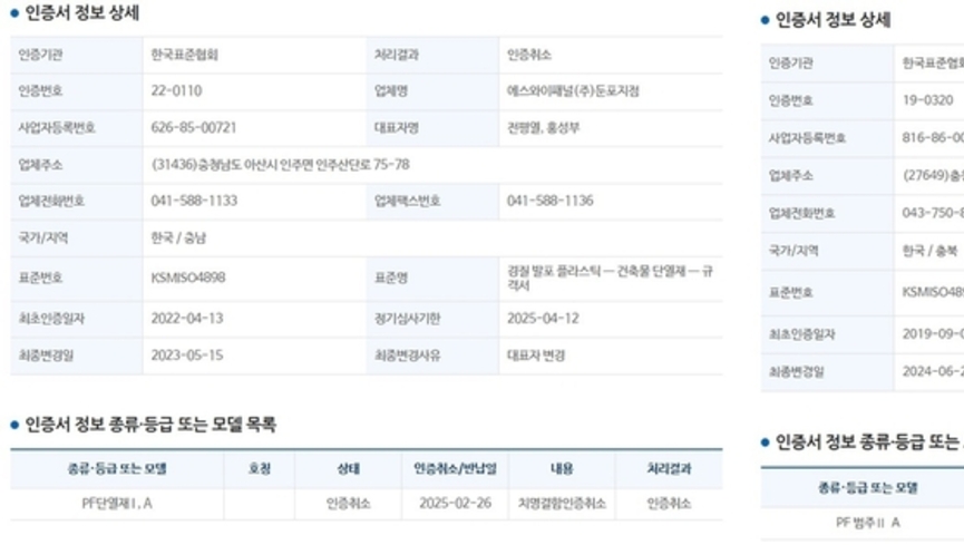 국내산 PF보드 '단열미달' KS인증 취소