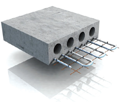 복사냉난방시스템의 한 종류인 구체축열 축냉시스템 TABS(Thermally Active Building System)의 모형도.